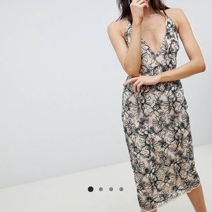 Floral embroidered mesh cami pencil dress